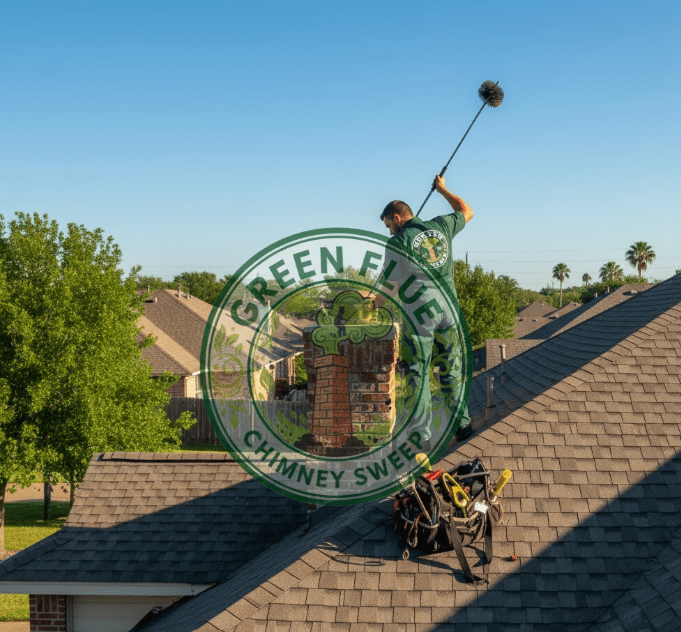 Professional chimney sweep technician on roof with Green Flue logo